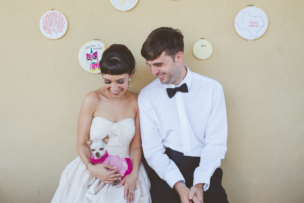 bride and groom with chihuahua