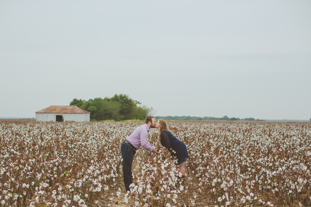 couple kissing in cotton field