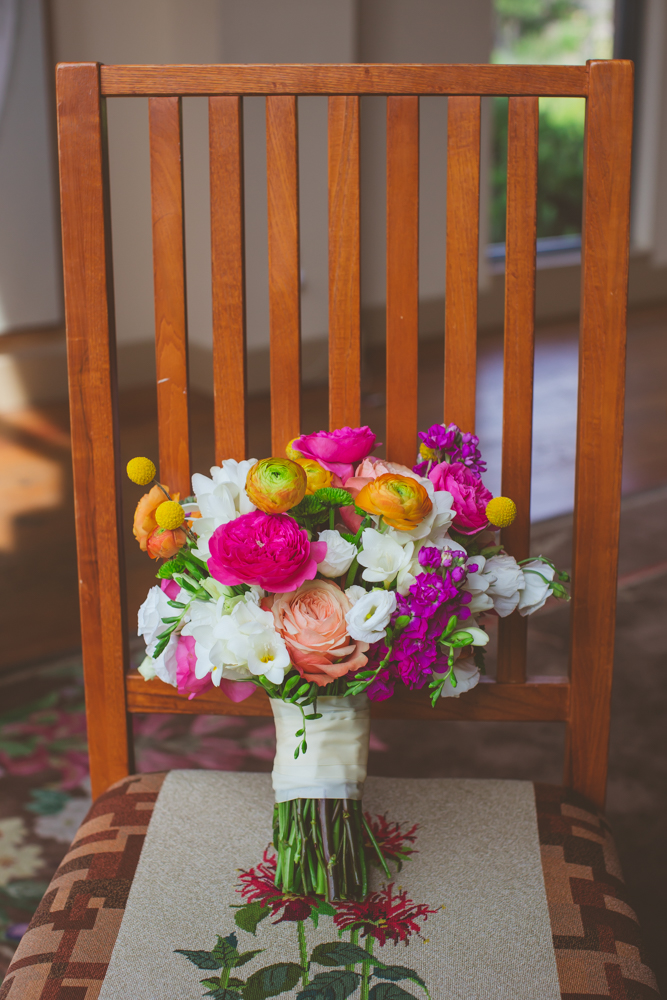 bouquet resting on a chair