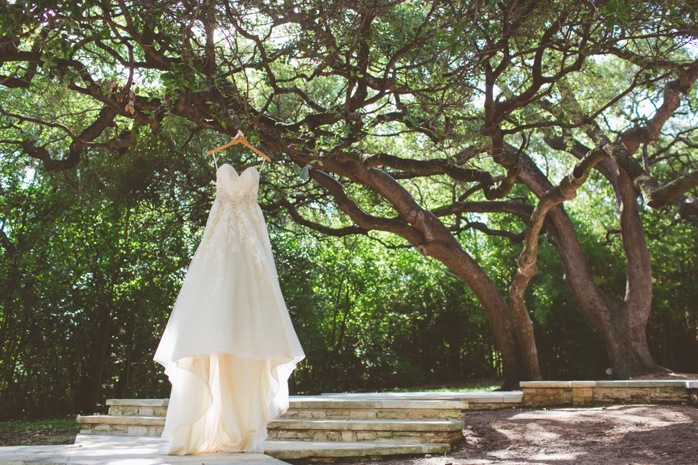 wedding dress hanging in a tree