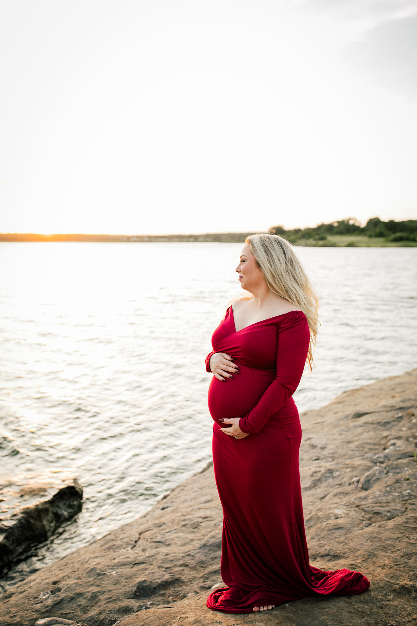 Elegant Lakeside Maternity Session in red dress