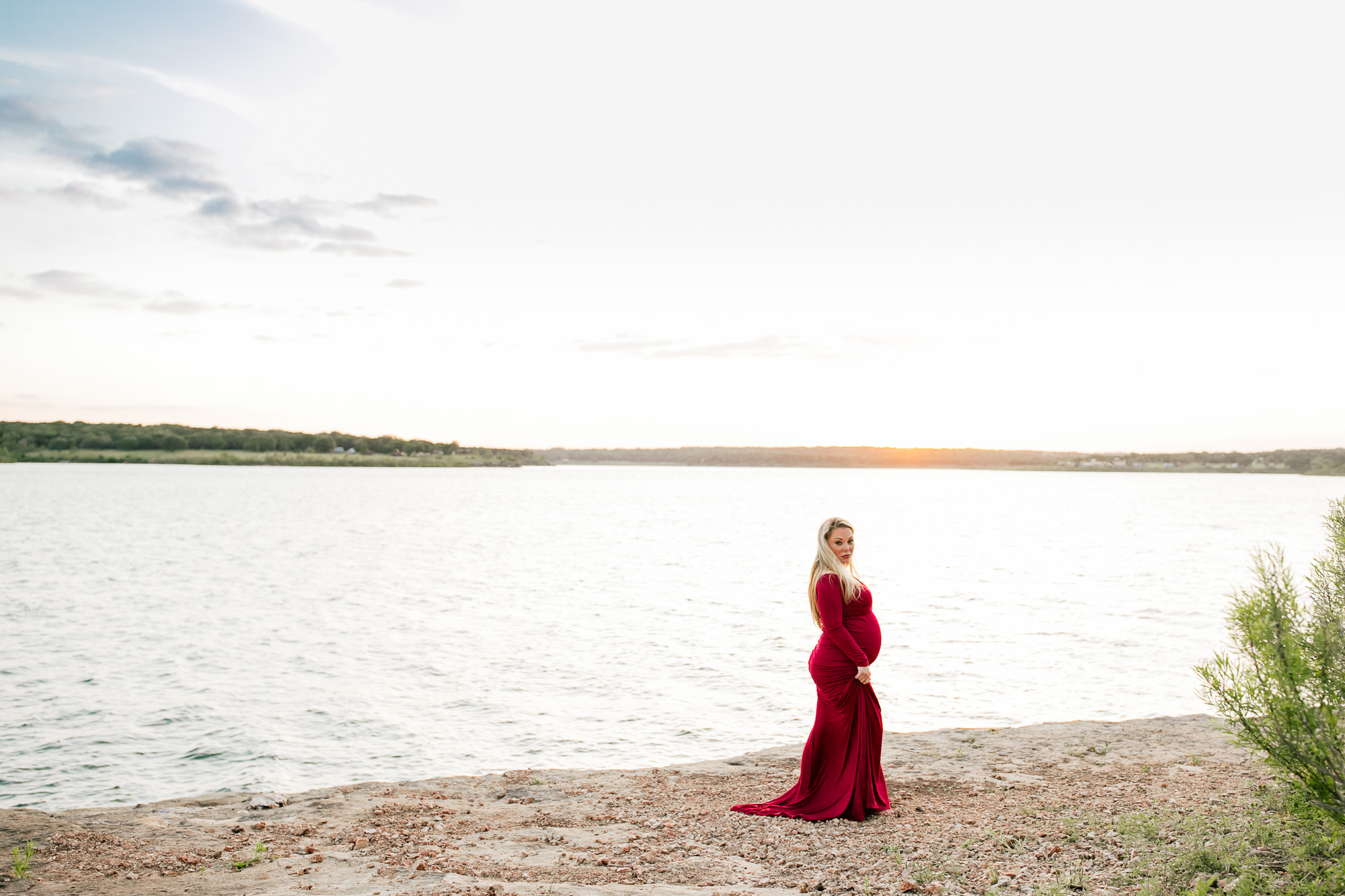 Elegant Lakeside Maternity Session in red dress