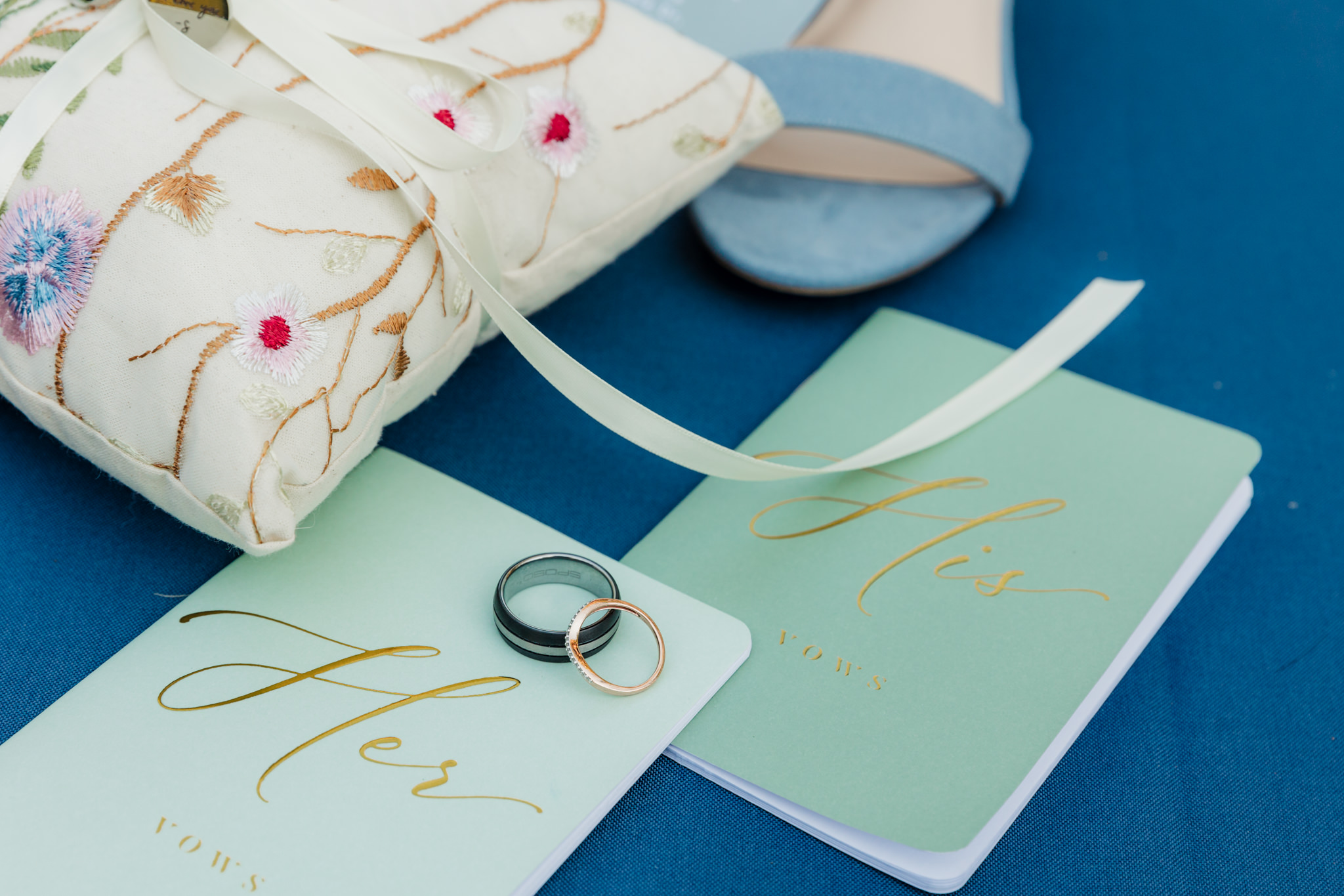 close up of wedding rings and vows