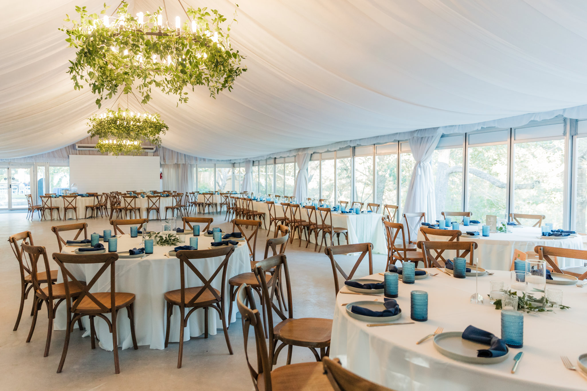 room view of wedding reception area with blue accents